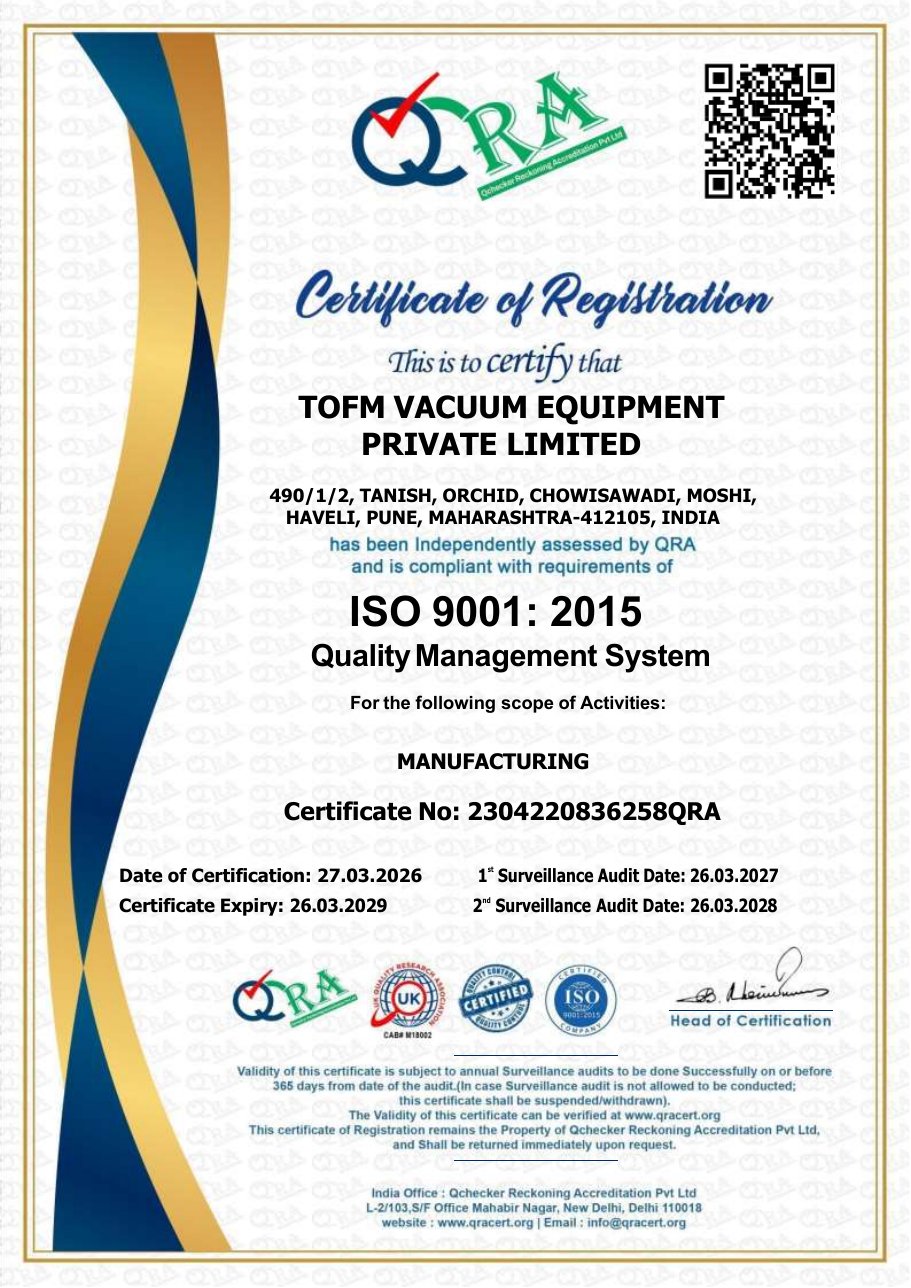 TOFM Vacuum Equipment ISO 9001:2015 certificate of registration, Certificate No. 2304220836258QRA