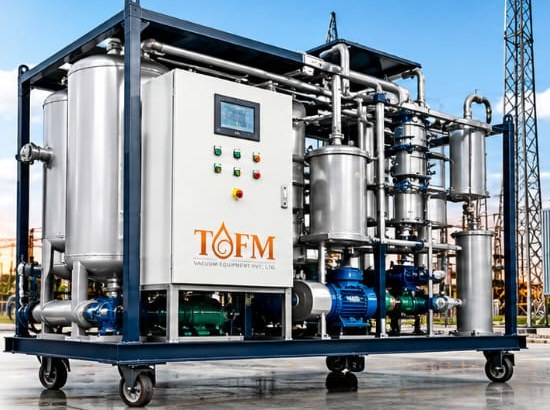 TOFM transformer oil filtration machine on a mobile trolley with control panel and vacuum chamber